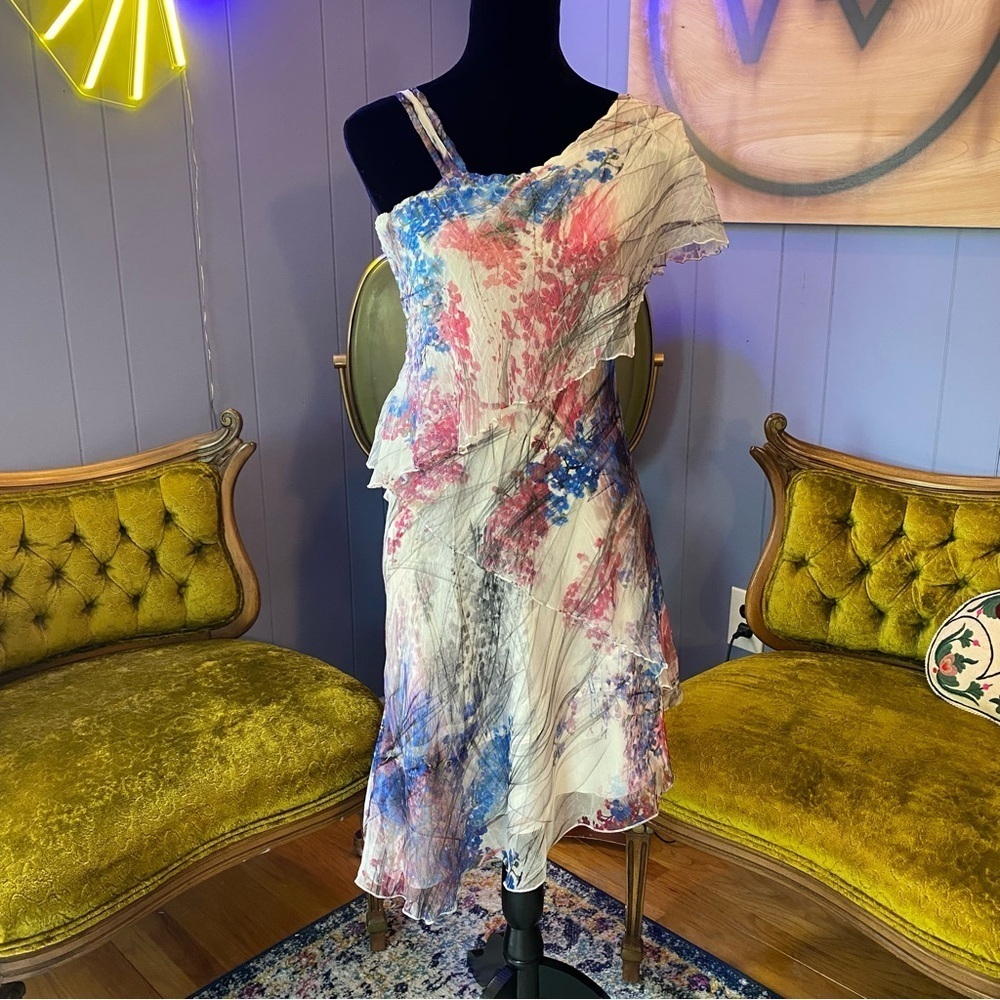 Vintage Y2K Komarov Asymmetrical Crinkle Floral Dress Size XS